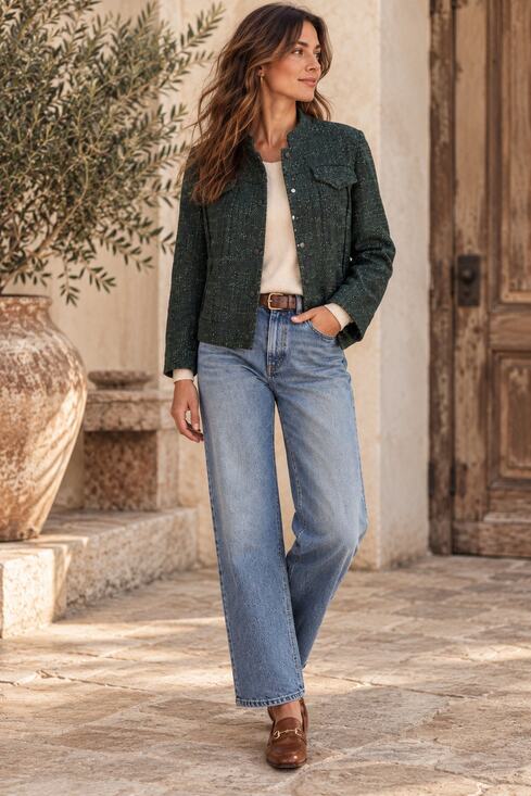J Jill Jackets & Blazers - J.Jill Tweed Jacket Womens L Green Black Cropped Snap Front Textured Classic
